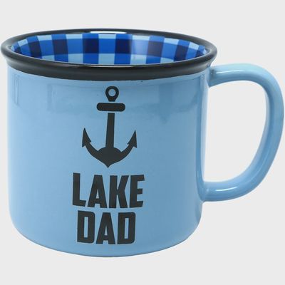 Pavillion Lake Dad stoneware mug in 18-ounce size featuring an anchor and plaid design in navy and cream, displayed against a neutral studio background