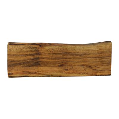 Narrow live edge acacia wood cutting board with natural grain and organic edge detail on white background