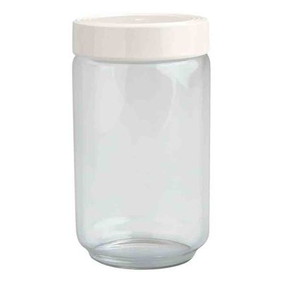 Nora Fleming Pinstripes large ceramic canister, 3.5 by 6 inches, with blue pinstripe pattern and airtight lid on neutral background