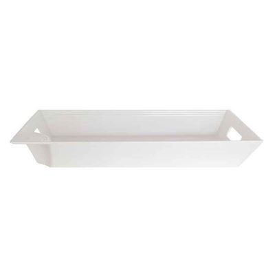 Nora Fleming Pinstripes melamine serving tray in white with navy pinstripe pattern, 19 by 12 inches, displayed on neutral background