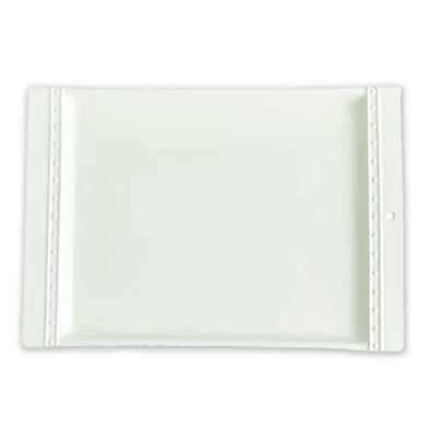 Nora Fleming pinstripe rim rectangle serving platter in white ceramic with blue pinstripe border detail, 13 by 9 inches, displayed against a neutral background.