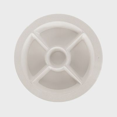 Nora Fleming melamine divided dish with navy pinstripe pattern, shown on a white background in studio setting
