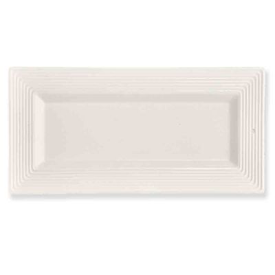 Nora Fleming Pinstripes bread tray in cream with navy pinstripe pattern, 15 by 7.5 inches, shown against a neutral background.