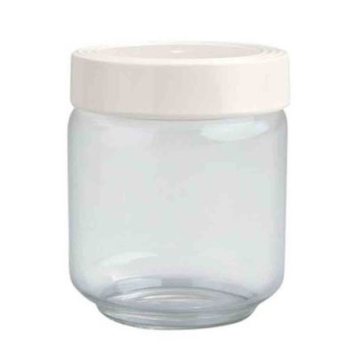 Nora Fleming Pinstripes Medium Canister isolated on white background, showing navy and white striped ceramic container with matching lid