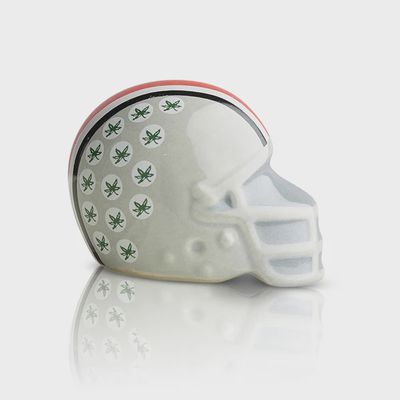 Nora Fleming Ohio State Buckeyes mini helmet tabletop collectible in scarlet and gray on a white background