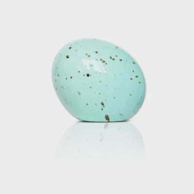 Nora Fleming robin's egg blue Easter mini on white background, ceramic decorative piece with hand-painted details