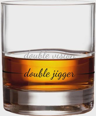 Pourtions Just Right Double Vision rocks glass on white background, studio shot