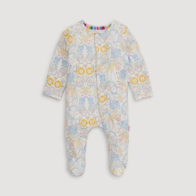 Magnetic Me Nikki Menagerie modal magnetic footie pajamas in neutral tones with animal print details, displayed on white background