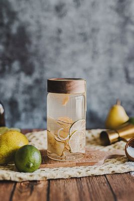 Pear Ginger Margarita Cocktail Infusion Kit by Infuse &amp; Booze displayed on a neutral background, showing the complete kit contents for mixing craft cocktails at home.