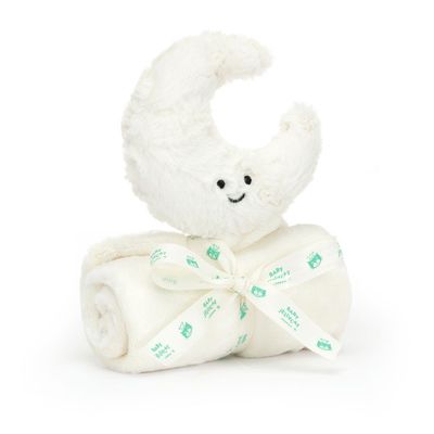 Jellycat Amuseables Moon Soother in cream-colored soft fur, crescent-shaped newborn toy against a neutral background