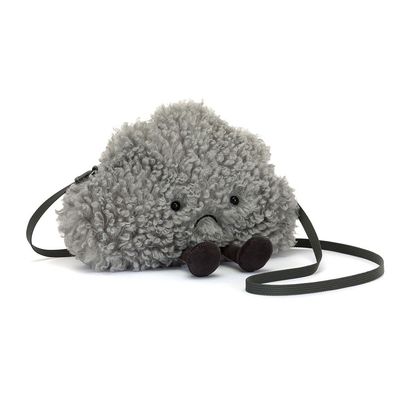 Jellycat Amuseables Storm Cloud plush shoulder bag with zip closure, gray soft fabric, front view on white background