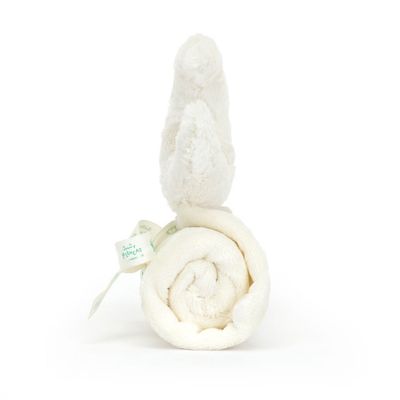 Jellycat Amuseables Moon Soother in cream fur, a soft crescent-shaped newborn toy displayed in a lifestyle setting