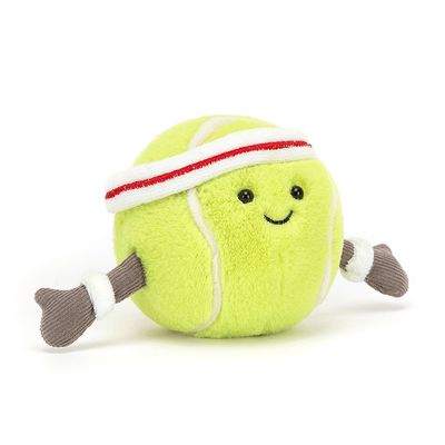 Jellycat Amuseable Sports tennis ball plush toy wearing a yellow headband and wristbands, centered on a white background