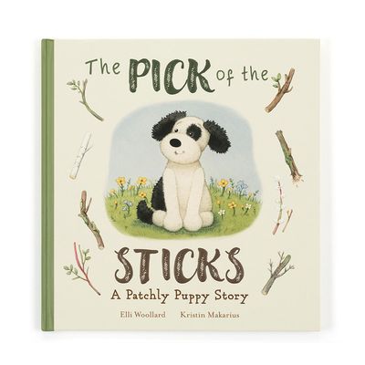 Jellycat Pick of the Sticks Patchly Puppy children's picture book with illustrated puppy character on cover against white background