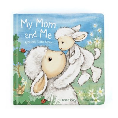 Jellycat My Mom and Me Bashful Lamb board book displayed on white background, showing soft plush lamb character and colorful pages designed for newborns