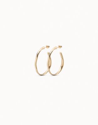 Pair of silver-plated open hoop earrings by Uno de 50 displayed against a neutral background