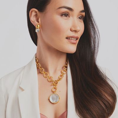 Julie Vos Honeybee Statement Necklace in 24K gold plate, 19 inches, worn in a lifestyle setting