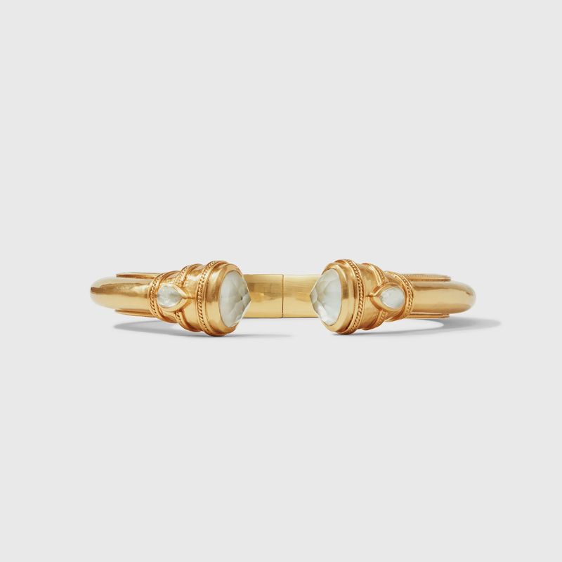 Julie Vos Cannes Demi Cuff Bracelet in 24K gold with gemstones, 2.5 inches, worn in lifestyle setting