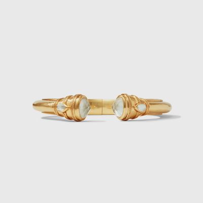 Julie Vos Cannes Demi Cuff Bracelet in 24K gold with gemstones, 2.5 inches, worn in lifestyle setting