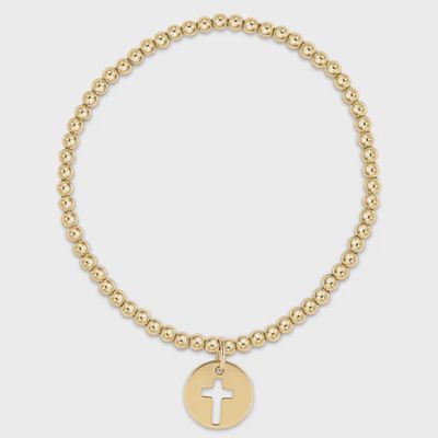 14kt gold-filled bead bracelet with 3mm beads and 12mm blessed charm pendant in studio lighting