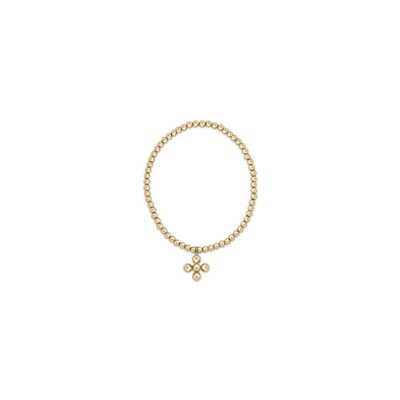 Gold-filled beaded bracelet with 3mm spheres and 4mm signature cross charm worn on wrist in natural light