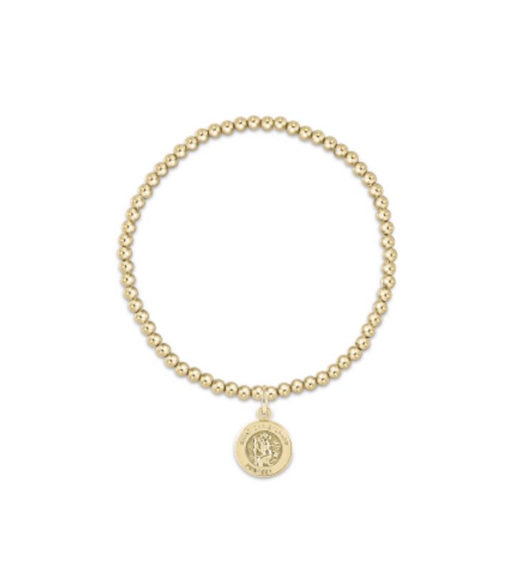 14kt gold-filled beaded bracelet with 3mm spheres and St. Christopher medal charm, worn on wrist in lifestyle setting