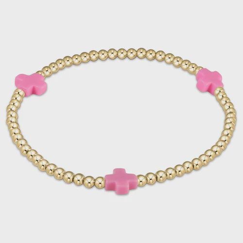egirl Signature Cross Small Gold Pattern 2mm Bead Bracelet - Bright Pink