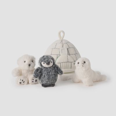 Arctic Friends Igloo plush activity toy set with carrying case displayed against white background, featuring soft fabric animals and interactive elements