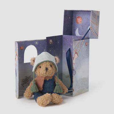 Theodore the Adventure Bear toy displayed in its gift box against a white studio background
