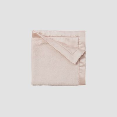 Elegant Baby satin-trim flannel fleece security blanket in cream and soft pink, 20x20 inches, displayed on neutral background