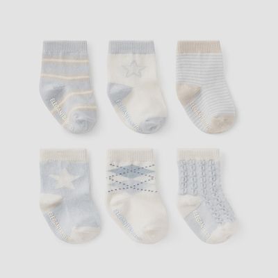 Six-pack of baby boy no-slip socks in a gift box, newborn to 12 months size, displayed on white background