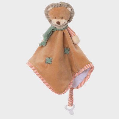 Bukowski Bears Mael Lion plush blankie in golden tan with attached pacifier clip, displayed against a white studio background
