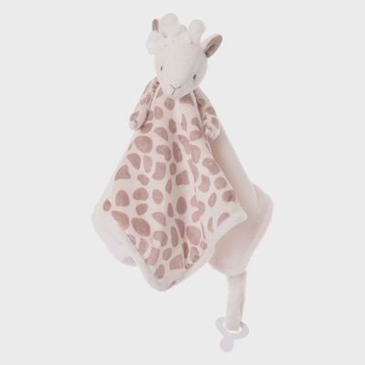 Bukowski Bears Lucy Giraffe plush baby blanket in soft cream and tan with attached pacifier strap, displayed flat on white background