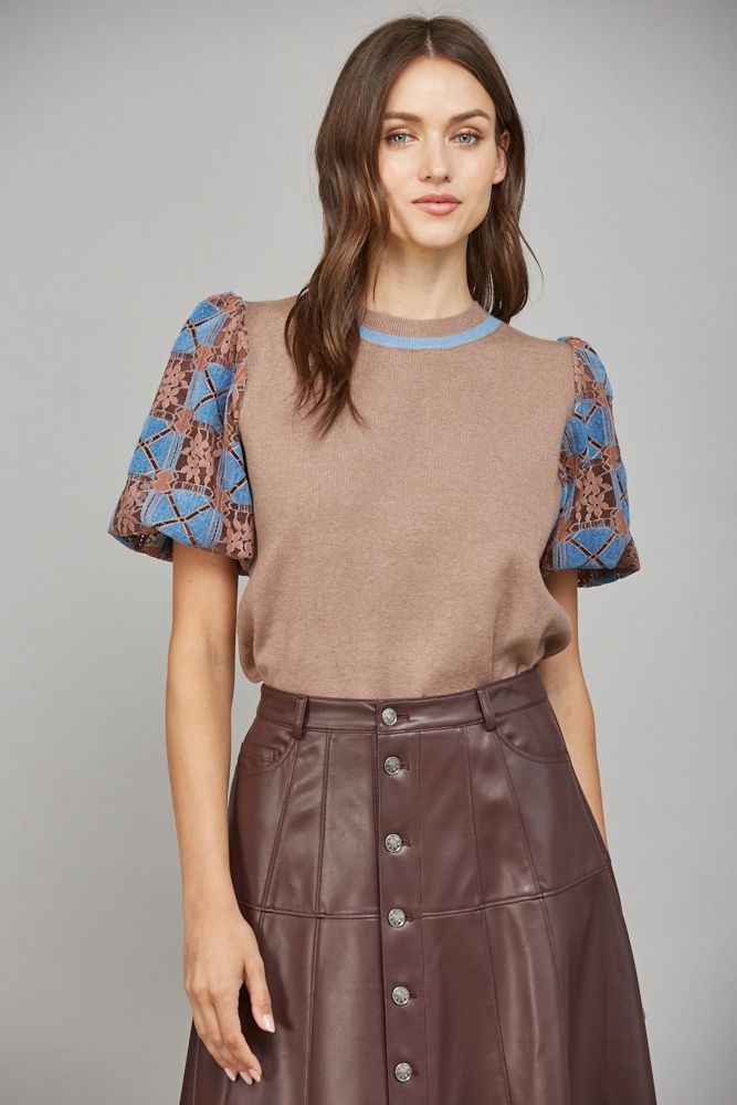 LACE SHORT BUBBLE SLEEVE CREW NECK SWEATER, Size: S