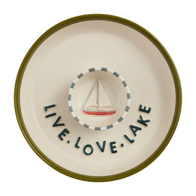 Mud Pie Lake stoneware chip and dip server with divided compartments on a white background