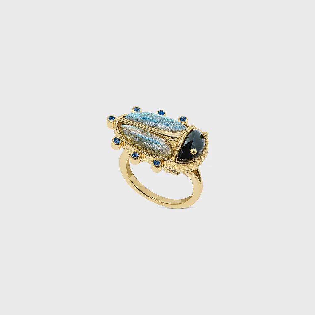 Scarab Ring - Blue Labradorite/Black Agate, Size: 7