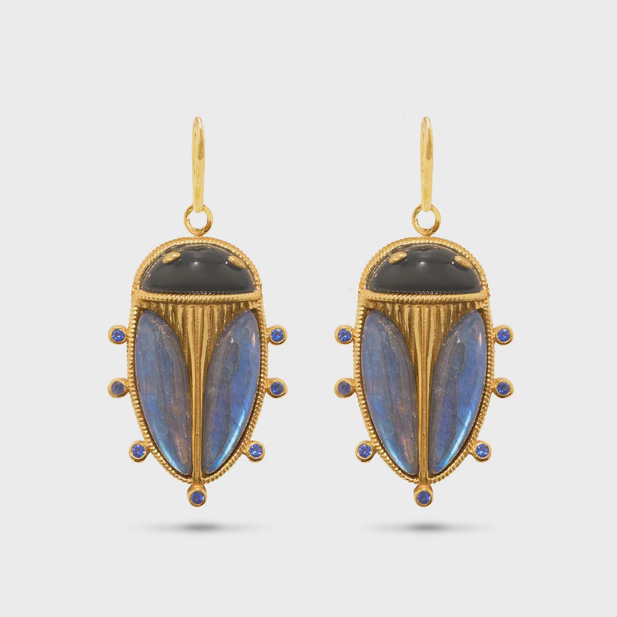 Scarab Petite Drop Earrings - Blue Labradorite/Black Agate