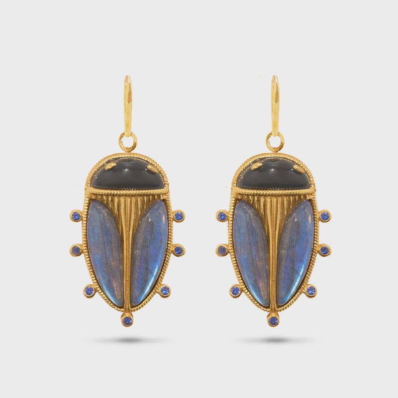 Scarab Petite Drop Earrings - Blue Labradorite/Black Agate