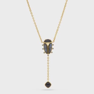 Scarab Lariat Necklace, 18"+2" - Blue Labradorite/Black Agate