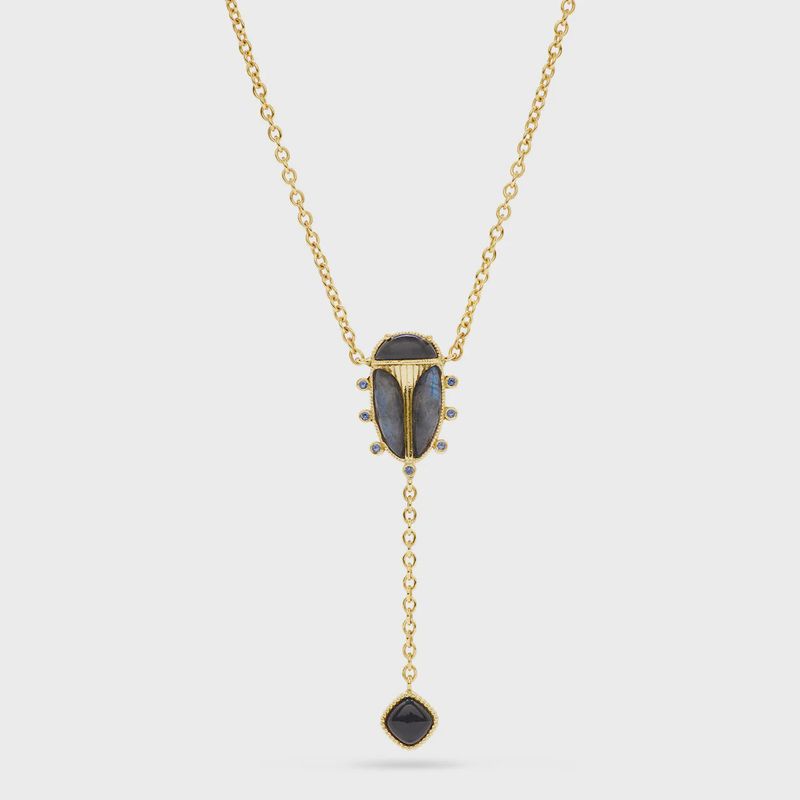 Scarab Lariat Necklace, 18&quot;+2&quot; - Blue Labradorite/Black Agate