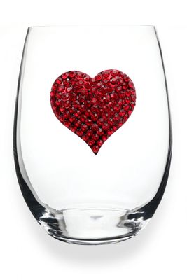 Handmade rhinestone stemless wine glasses with crystal embellishments on a neutral studio background
