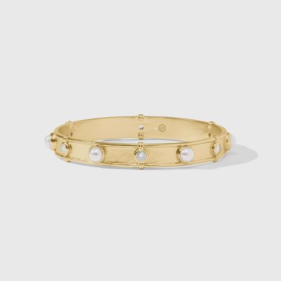 Julie Vos Tribeca bangle in 24-karat gold plate featuring freshwater pearl and cubic zirconia accents on white background