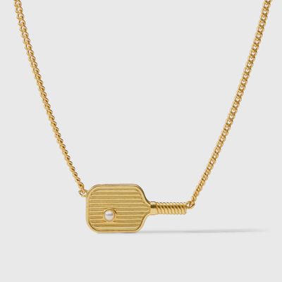 Julie Vos pickleball pendant necklace in 24K gold plate with pearl detail on white background