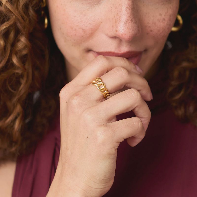 Julie Vos Dolce adjustable ring in 24K gold plate worn on hand in a lifestyle setting