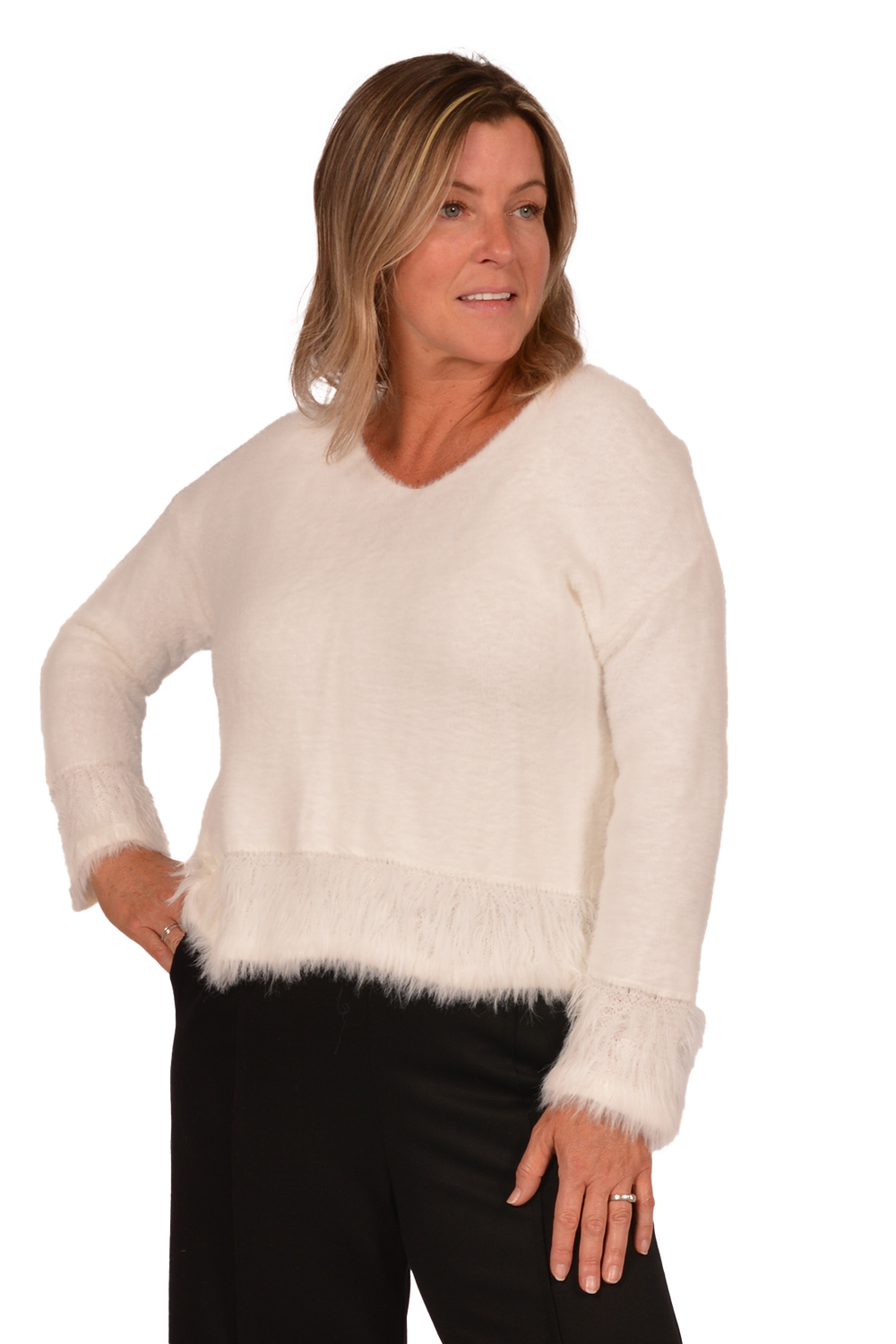 Fuzzy Trimmed Sweater, Colour: WHITE