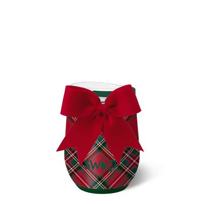 Swig Life Christmas tartan insulated stemless wine cup in red and green plaid pattern, 12 ounce capacity, isolated on white background