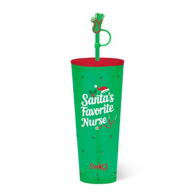 Swig Life 24oz plastic tumbler with Santa's Favorite Nurse holiday design on white background