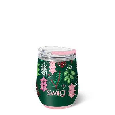 Swig Life Merry Mistletoe 12-ounce insulated stemless wine cup in festive red with white mistletoe design on a white background