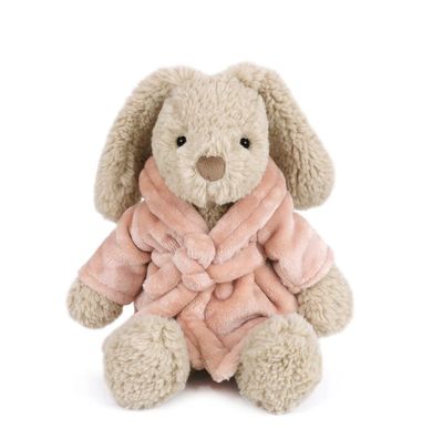 Mon Ami Harlow bunny plush toy, 14 inches, wearing a pink velour bathrobe against a white background