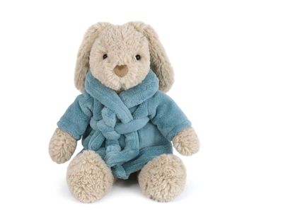 Mon Ami Harlow bunny plush toy wearing a soft velour bathrobe, 14 inches tall, against a neutral studio background